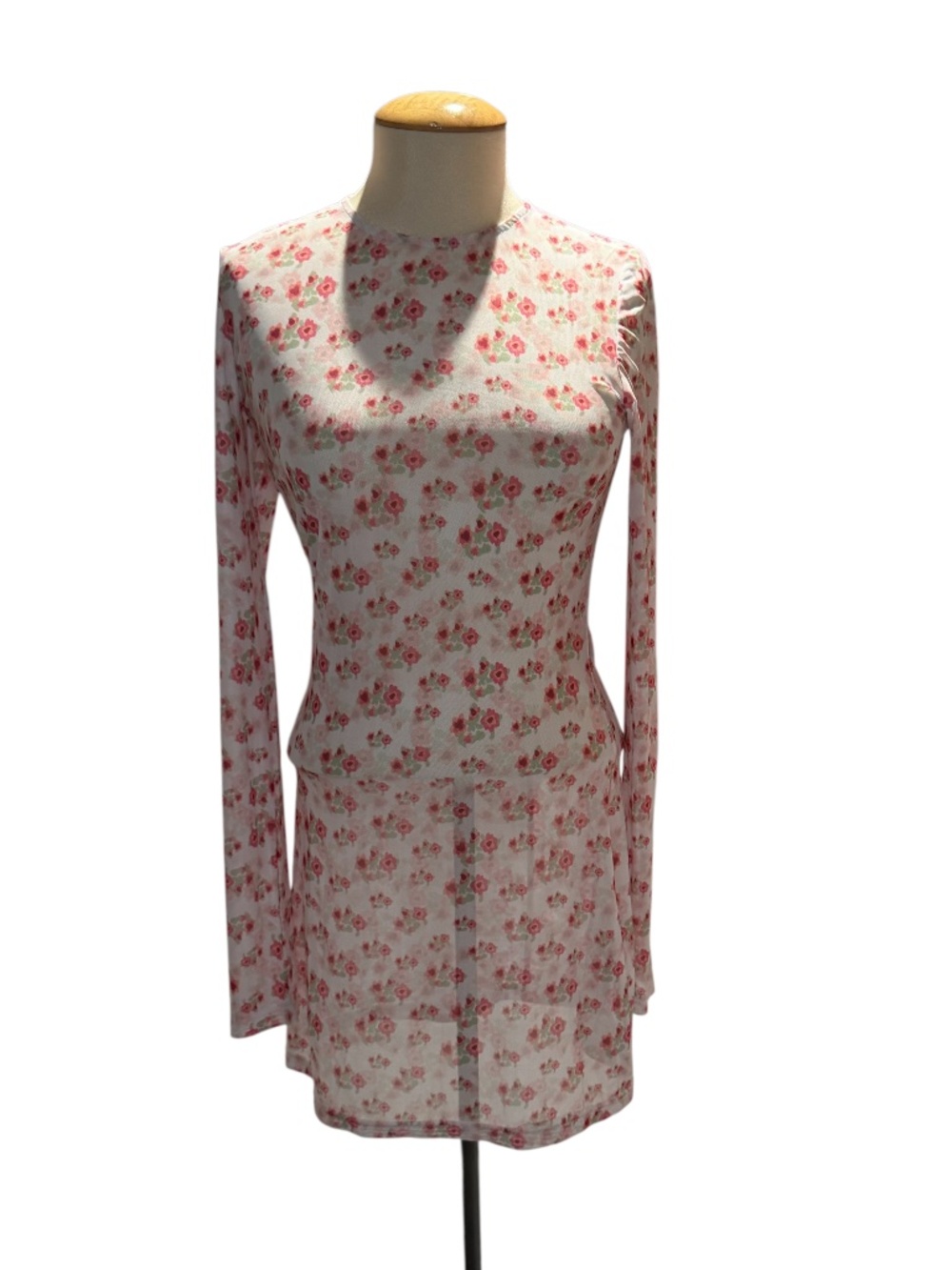 LOVE MCNICHOLL white/red/green mesh l/s mini dress with slip - size small